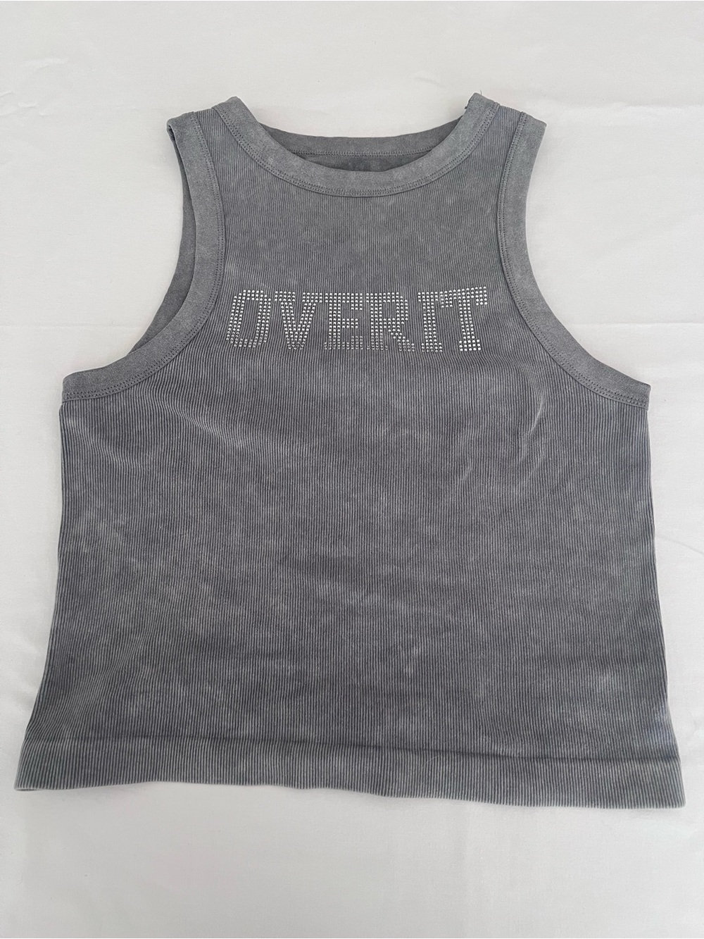 Vital Life Gray Ribbed Tank Top with Rhinestone 'OVER IT'